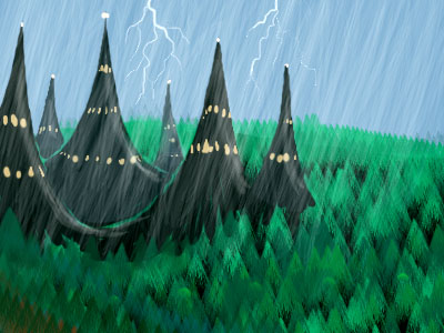 Sketch of a dream. Lightning. Rain. Dark castle with spires.