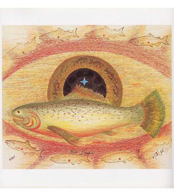 Fish swimming across a huge eye; dream-art by Katherine Metcalf Nelson.