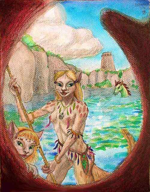 Me as a cat-girl on the deck of our boat in the drowned city we found. Click to enlarge.