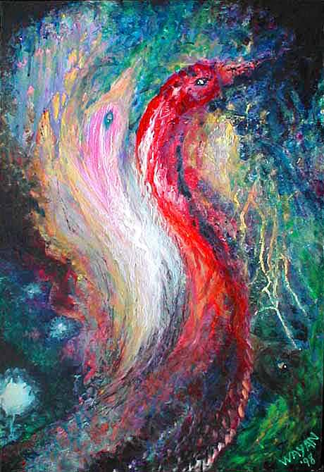 semi-abstract, higly textured acrylic painting of two pink heron-necked birds, with a third peering from reeds.