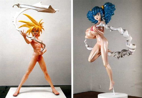 Small photos from web of two sculptures by Takashi Murakami; to left, 'My Lonesome Cowboy' (anime boy making a lasso of his own sperm); haven't found title of piece on right (blue-haired girl milking giant breasts; milk circles her, also like a lasso).