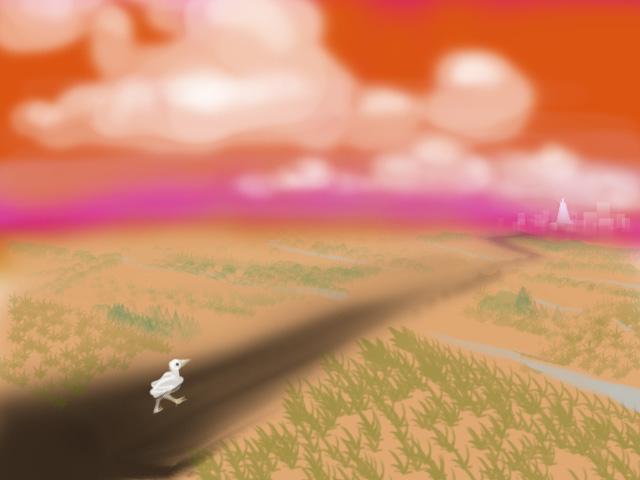Doodle of a white bird walking down a black asphalt road through flat dry farmland toward a distant white city. Loud orange sky. Dream by Alder, image by Wayan.