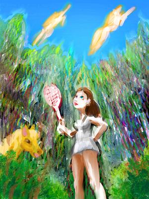 Tennis player looks up past eucalypti as floating horses in the sky. Dream sketch by Wayan. Click to enlarge.