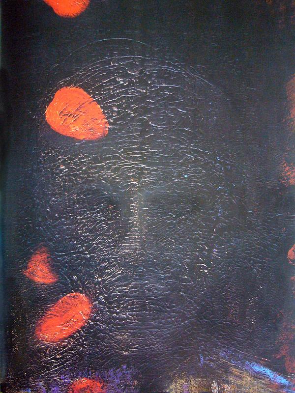 Darkness. Red flowerpetals. A faint face. Dream painting by Larry Vigon.
