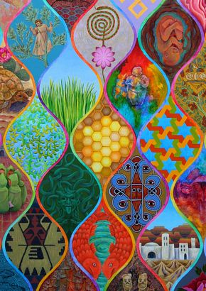 Detail of a narrative acrylic painting by Jenny Badger Sultan chronicling a month or so: vertical sine waves divide spindle-shaped images, one for each day/night; many are dreams. Lower left: children in green pod-like hooded robes. Click to enlarge
