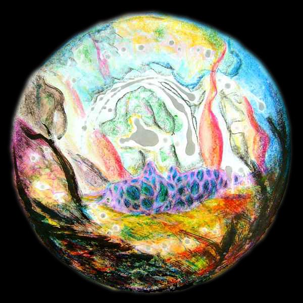 A round planet-ish abstract in bright crayon, paint and dripped wax.