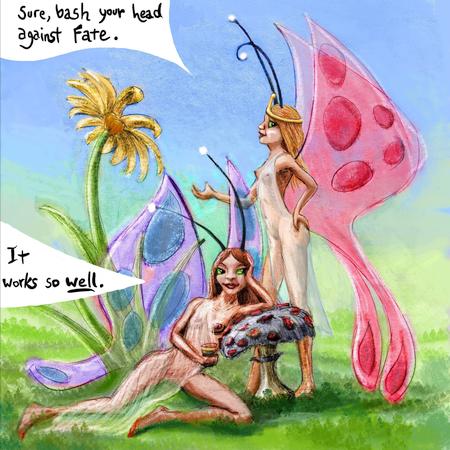 At a magic portal, Victorian flower-fairies tell us to wait; dream sketch by Wayan. Click to enlarge.
