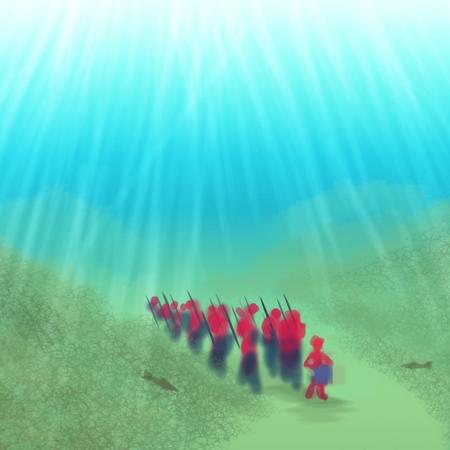 Column of British Imperial redcoat soldiers marches undersea. Dream sketch by Wayan.