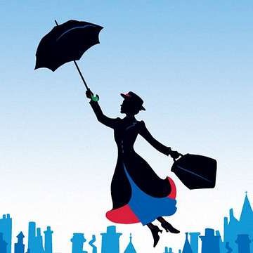 Mary Poppins and her flying umbrella.