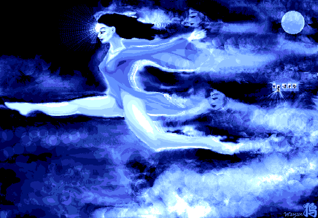 A dancer flies through the night. Her dance studio is just a lit-up dollhouse far below. Dream sketch by Wayan; click to enlarge.
