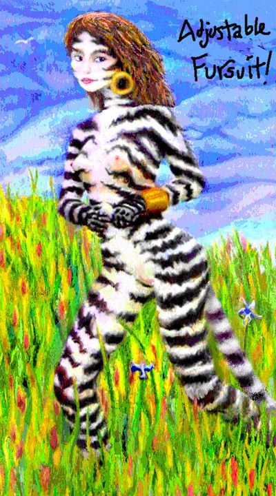 Tiger-striped fursuit. Crayon sketch of a dream, 'Adjustable Fursuit', by Wayan. Click to enlarge.