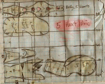 Sewing patterns on graph papers for unicorn pelt. Sketch by Wayan.