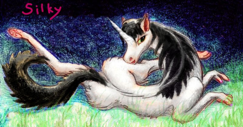 Silky, a small white unicorn with black mane & tail, hand/paws not hooves; sketch of a dream by Wayan. Click to enlarge.
