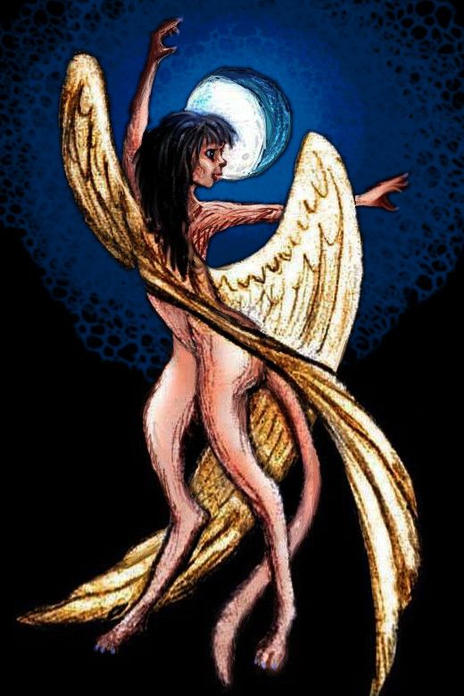 A winged sphinx-girl dances by moonlight. Sketch by Wayan.