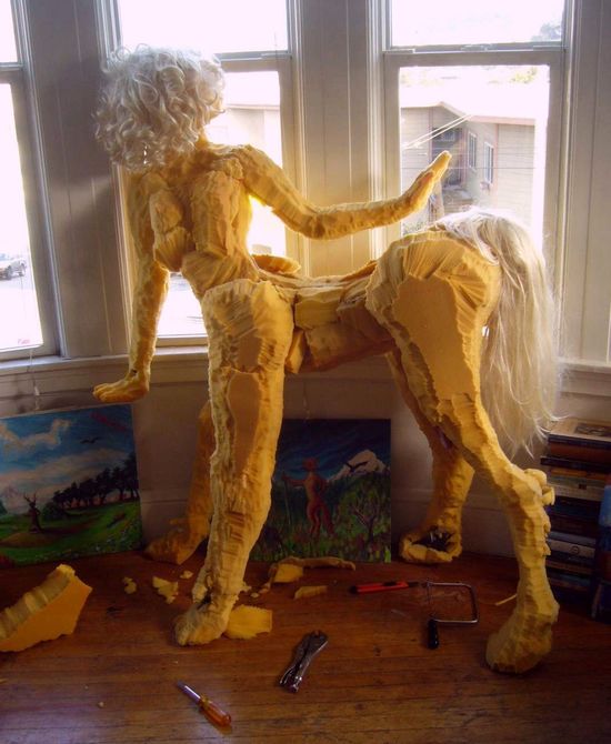 Centaur carved of foam rubber, with wood bones. Dream sculpture by Wayan.