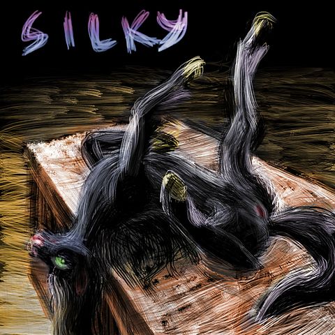 Silky, my Night Mare, rolls on a shop counter like a playful dog; dream sketch by Wayan. Click to enlarge.