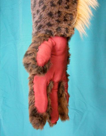 Cattaur hand: reddish silk & fake fur, foamrubber muscle, nut&bolt bones. Dream sculpture by Wayan. Click to enlarge.