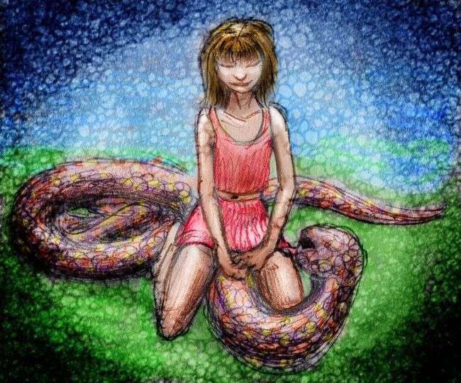 Girl straddles big snake, peels skin off. Dream sketch by Wayan. Click to enlarge.