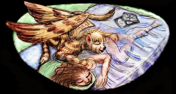 Winged sphinx on my bed. Dream sketch by Wayan. Click to enlarge.