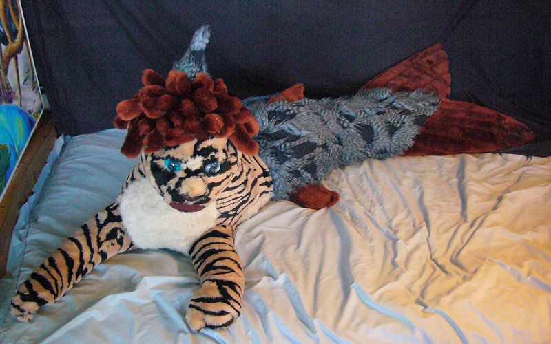 Mertiger on bed; dream soft-sculpture by Wayan. Click to enlarge