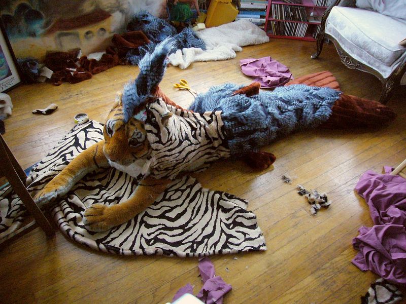Mer-tiger under construction: fabrics all over. Dream sculpture by Wayan. Click to enlarge.