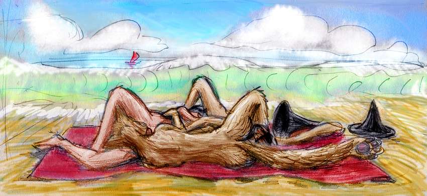 Wolf girl and two witches in a threesome on a beach; dream sketch by Wayan.