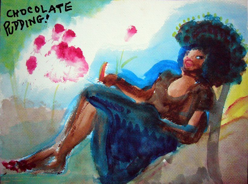 Brown woman reclines, reading a book; watercolor sketch of a dream by Wayan.