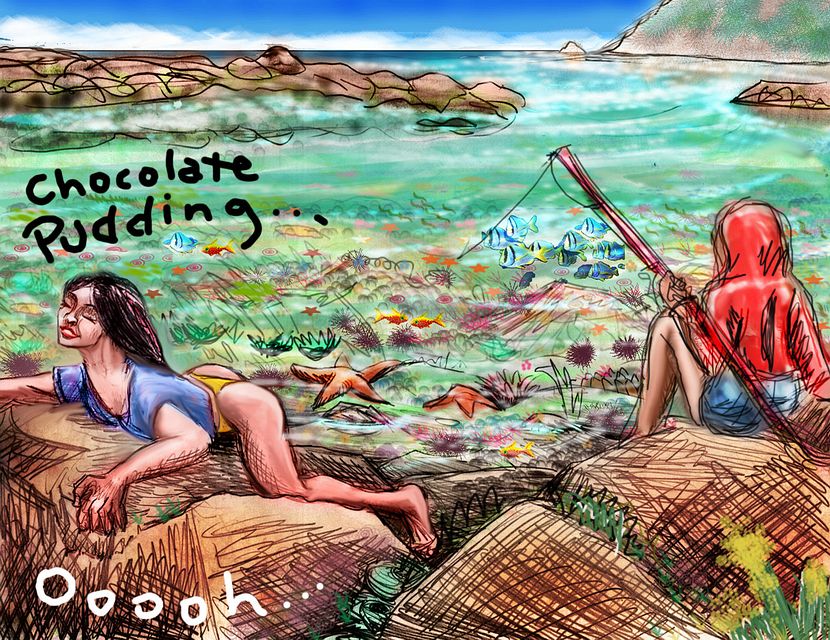 Woman in blue shirt and yellow bikini lies on a breakwater, gasping 'Chocolate pudding!' To the right, her son, in red, fishes.