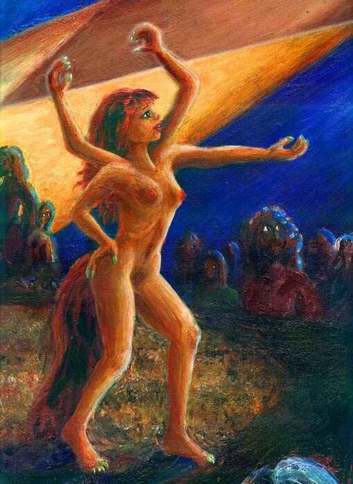 Four-armed girl with a red tail  sings her heart out--closeup. Dream painting by Wayan; click to enlarge.
