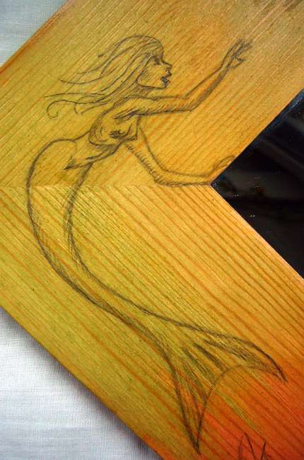 Mermaid: recurring dream figure drawn/incised on wood by Chris Wayan, 2010