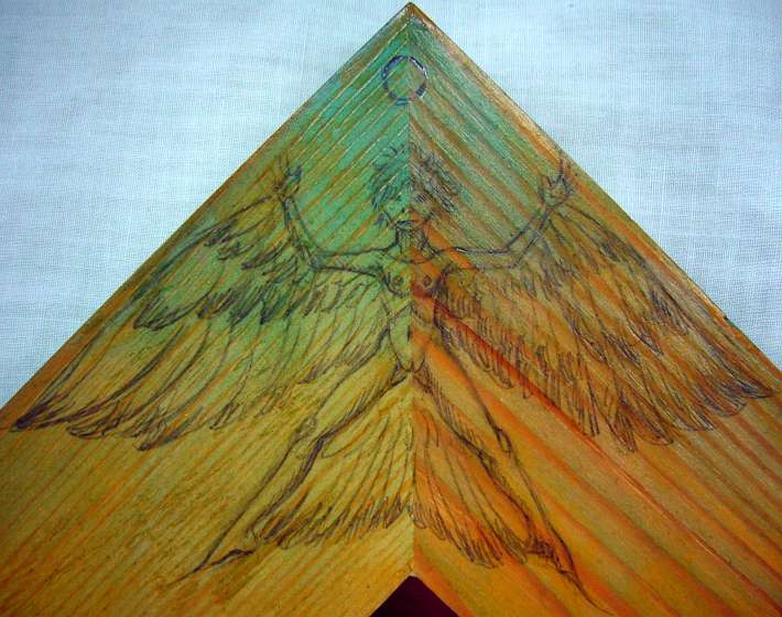 Angel/birdwoman: recurring dream figure drawn/incised on wood by Chris Wayan, 2010.