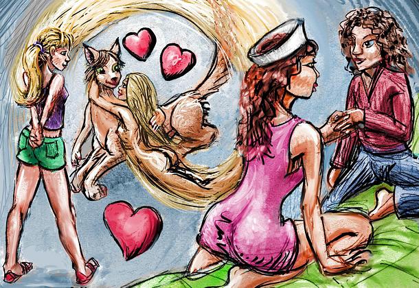 Nurse and I flirt on bed as autistic girl sends her aura out to hug a lifesize plushie. Dream sketch by Wayan. Click to enlarge.