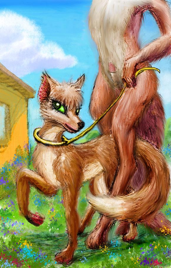 Huge bipedal fox keeps normal vixen on a leash. Dream sketch by Wayan. Click to enlarge.