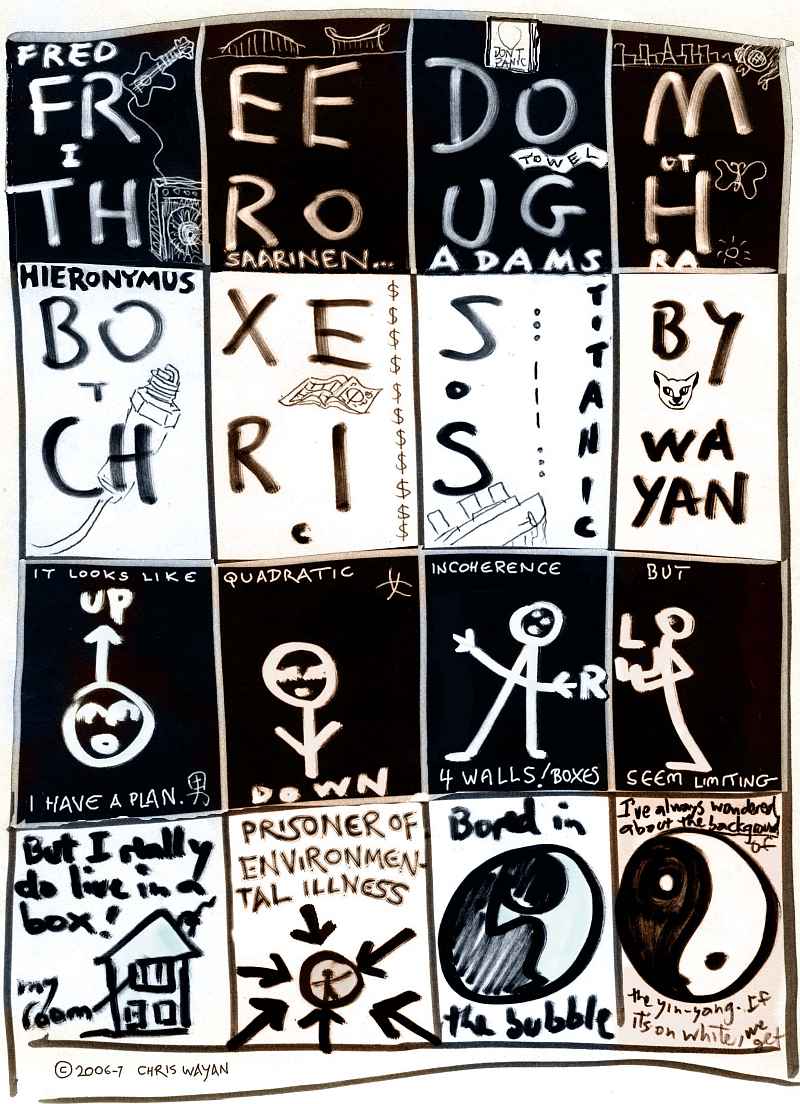 Experimental comic by Wayan: 100 boxes I must ink in--sparse color, no erasure, no splash panels... no plan. Pure improv.