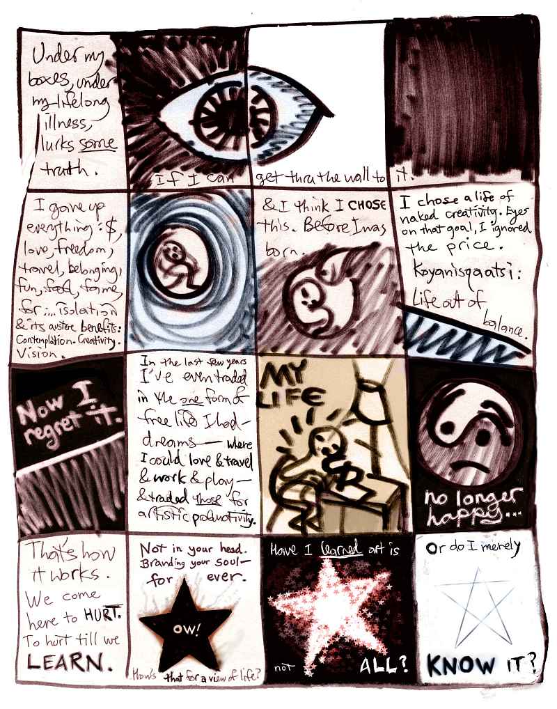 Experimental comic by Wayan: 100 boxes I must ink in--sparse color, no erasure, no splash panels... no plan. Pure improv.