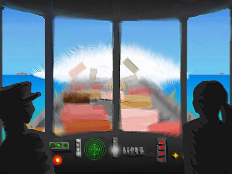 Shockwave from an explosion seen from our ship's bridge. Dream sketch by Wayan. Click to enlarge.