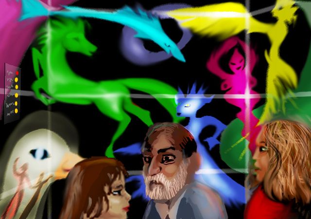 Digital sketch of a dream. Freud is arguing with two people in a dark cubicle with buttons on the wall--an elevator? Luminous cartoon creatures cover the walls