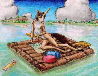 Unicorn girl rafting down a big river--nude study. Dream sketch by Wayan. Click to enlarge.