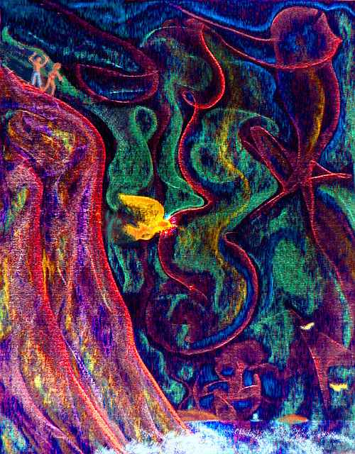 Surreal crayon drawing on black paper of a yellow winged being leaping off a sea-cliff as onlookers point in alarm.
