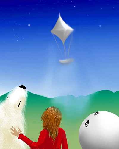 A polarbear, a human in a red shirt, and a white beachball/balloon with eyes watch from the ground as an octahedral starship lifts off.