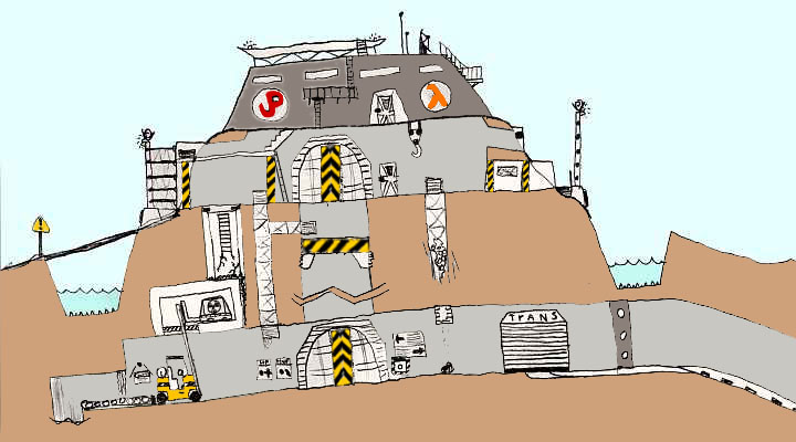 Cross-section sketch by Mark Nelson of a factory explored in a dream. It's part firestation, part fortress, with a moat, underground tunnels, fire poles and ladders.