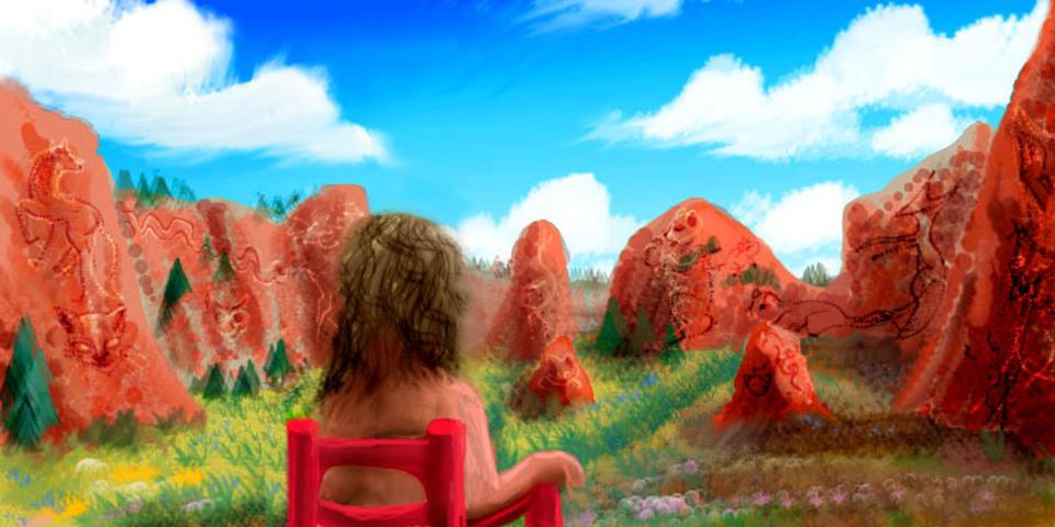 Digital sketch of a dream by Wayan: I sit for centuries in a wooden chair in the Garden of the Gods, Colorado.
