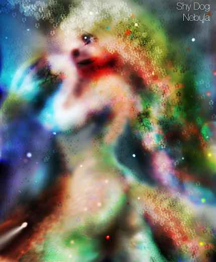 Painting of small starship flying past a manycolored nebula. Caption: 'Shy Dog Nebula'.