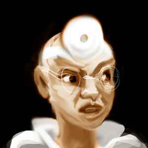 Sketch of a dream-figure: the Ghostmaster. A doctor in white coat with round mirror on forehead. Looks like a grumpy Gandhi.