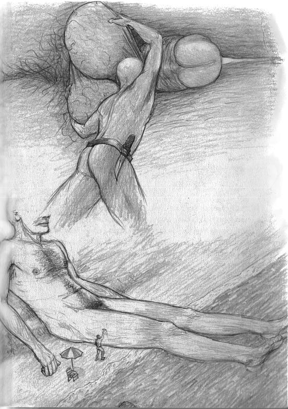 A little man attacks a lounging giant's genitals and thigh. Dream sketch by Jim Shaw. Click to enlarge.