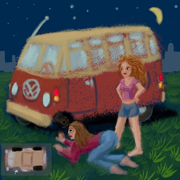 My hippie bus has only three tires! Dream sketch by Wayan.
