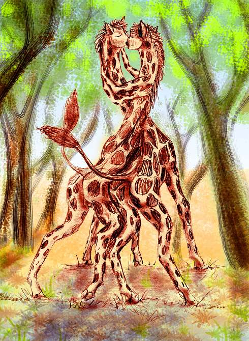 Sketch of a dream by Chris Wayan: two giraffelike centaurs with delicate arms, kissing, in a shady grove; savanna beyond.