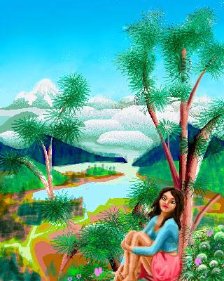 Digital sketch of dream by Chris Wayan: girl with black hair, blue blouse and red skirt sits on a bluff looking at valley, farms, bay, distant snowcapped peak above clouds. Pacific Northwest?
