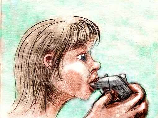 Sketch of dream by Chris Wayan: young girl's head in profile. She faces a huge fist with a gun pointing at her mouth. From the side it's hard to tell if it's by her cheek or in her mouth. Nor is it clear if it's real or a toy.