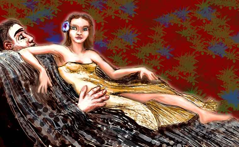 Sketch of dream by Chris Wayan: girl in gold gown lounges on a striped, spotted... man or sofa? Click to enlarge.